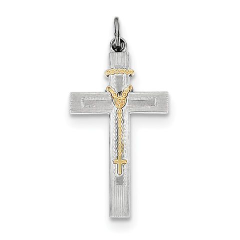 Sterling Silver Rhodium-plated & Vermeil Rosary Cross Pendant QC5833 - shirin-diamonds