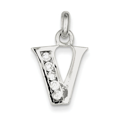 Sterling Silver White CZ Initial V Pendant QC6716V - shirin-diamonds
