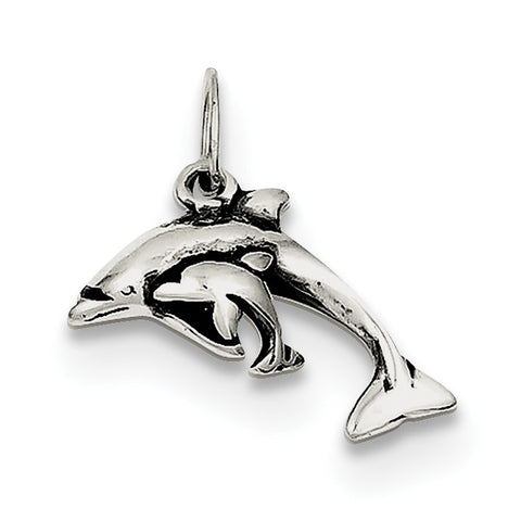 Sterling Silver Antiqued Dolphin w/Baby Charm QC6943 - shirin-diamonds