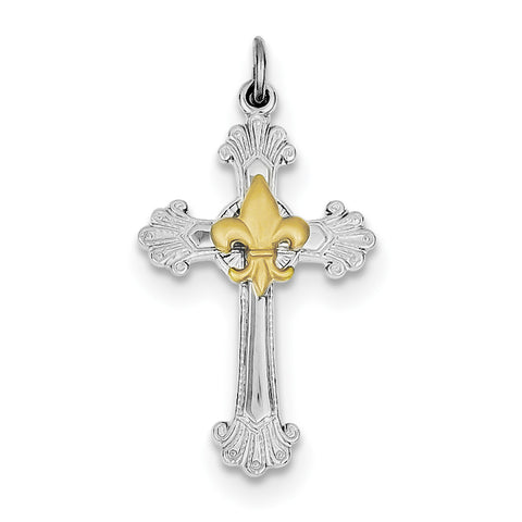 Sterling Silver Rhodium-plated & Gold-plated Cross & Fleur de lis Pendant QC7256 - shirin-diamonds