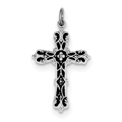 Sterling Silver Rhodium-plated with Black Epoxy Cross Pendant QC7260 - shirin-diamonds