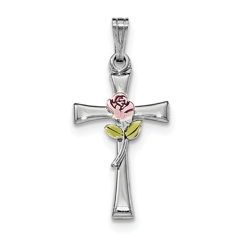Sterling Silver Rhodium-plated Cross with Epoxy Rose Center Pendant QC7264 - shirin-diamonds