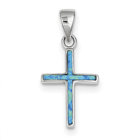 Sterling Silver Blue Inlay Created Opal Thin Cross Pendant QC7267 - shirin-diamonds