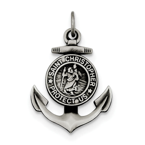 Sterling Silver Antiqued Satin St Christopher Anchor Medal Pendant QC7372 - shirin-diamonds