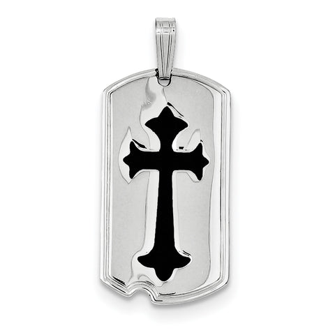 Sterling Silver Rhodium-plated Polished Black Epoxy Cross Dog Tag Pendant QC7379 - shirin-diamonds