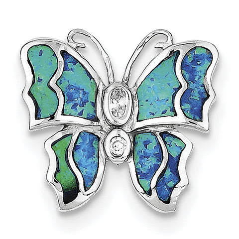 Sterling Silver Blue Inlay Created Opal Butterfly Pendant - shirin-diamonds