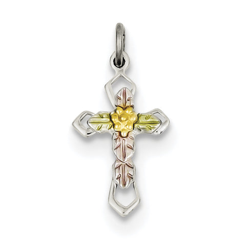 Sterling Silver Rhodium-plated Polished Epoxy & Gold-plated Cross Pendant QC7922 - shirin-diamonds