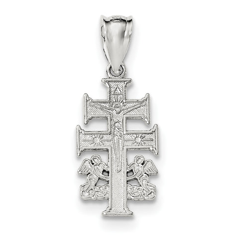 Sterling Silver Polished Caravaca Double Cross w/Angels Crucifix Pendant QC8141 - shirin-diamonds