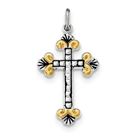 Sterling Silver & Gold-tone Textured Flared Ends Cross QC8158 - shirin-diamonds