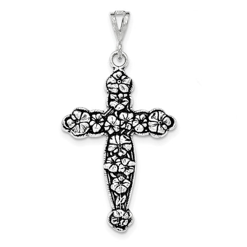 Sterling Silver Antiqued & Textured Large Floral Cross Pendant QC8238 - shirin-diamonds