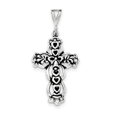 Sterling Silver Antiqued & Textured Hearts on Cross Pendant QC8240 - shirin-diamonds