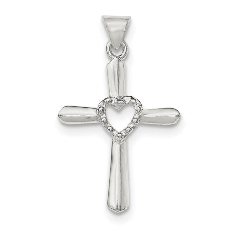 Sterling Silver Polished and Textured Cross w/ Heart Pendant QC8246 - shirin-diamonds