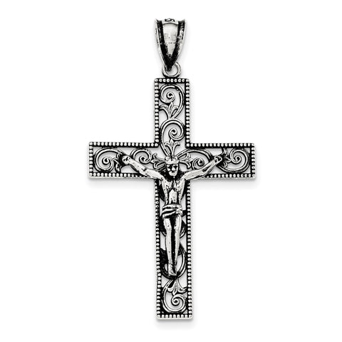 Sterling Silver Antiqued Beaded Filigree INRI Crucifix Pendant QC8297 - shirin-diamonds