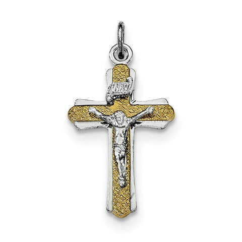 Sterling Silver Rhodium-plated & Gold-tone INRI Crucifix Cross Pendant QC8298 - shirin-diamonds