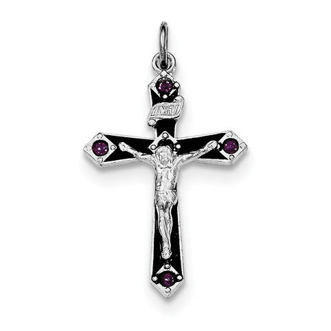 Sterling Silver Rhodium-plated Black Epxy Purple CZ INRI Cross Pendant QC8299 - shirin-diamonds
