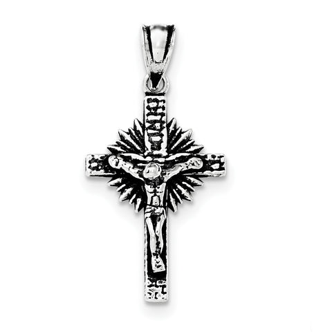 Sterling Silver Antiqued INRI Block Cross w/Rays Crucifix Pendant QC8306 - shirin-diamonds