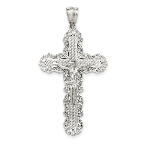 Sterling Silver Polished & Textured Large Floral Cross w/Jesus Pendant QC8324 - shirin-diamonds