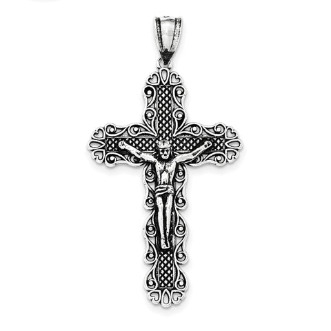 Sterling Silver Antiqued & Textured Large Floral Cross w/Jesus Pendant QC8325 - shirin-diamonds