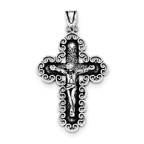 Sterling Silver Antiqued Filigree Cross INRI Crucifix Pendant QC8330 - shirin-diamonds