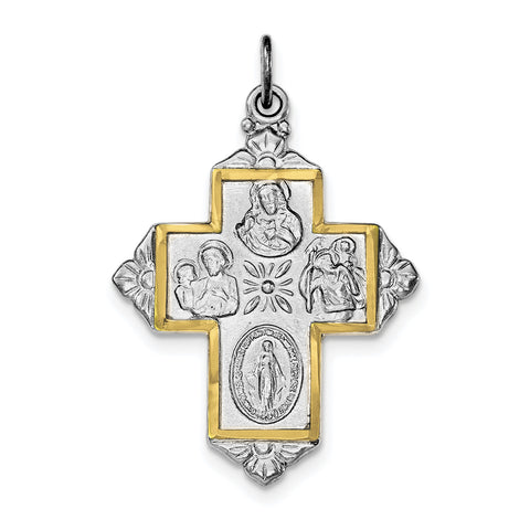 Sterling Silver Rhodium-plated & Gold-tone 4-Way Medal Cross Pendant QC8386 - shirin-diamonds