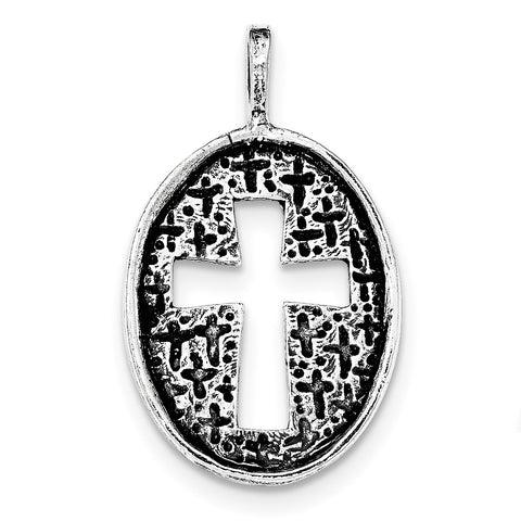Sterling Silver Antiqued Oval Cut-out Cross Chain Slide Pendant - shirin-diamonds