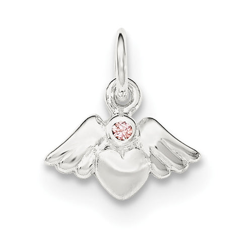 Sterling Silver Polished & Satin Heart w/Angel Wings Pink CZ Pendant - shirin-diamonds