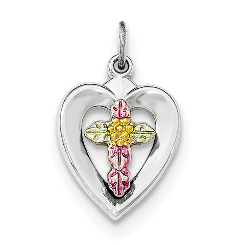 Sterling Silver Enameled Flowers on Cross Heart Pendant QC8438 - shirin-diamonds
