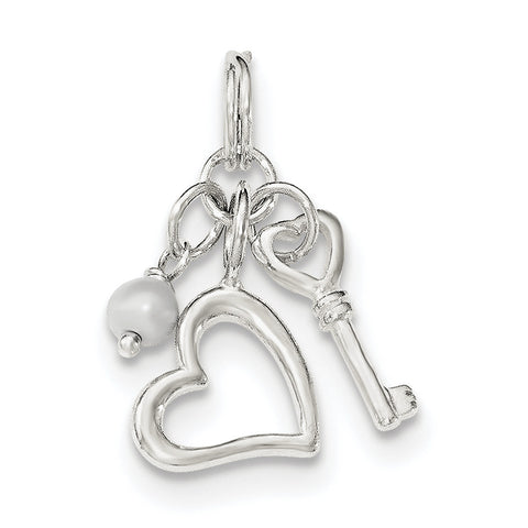 Sterling Silver Polished Key and Heart w/Simulated Pearl Charm QC8507 - shirin-diamonds