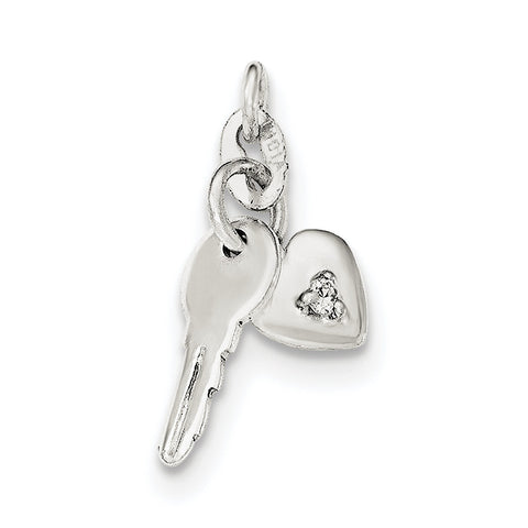 Sterling Silver Polished CZ Heart and Key Charm QC8511 - shirin-diamonds