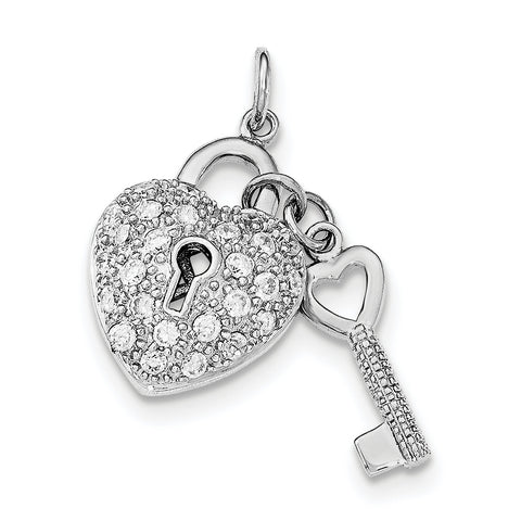 Sterling Silver Rhodium-plated CZ Heart Lock & Key Pendant QC8515 - shirin-diamonds