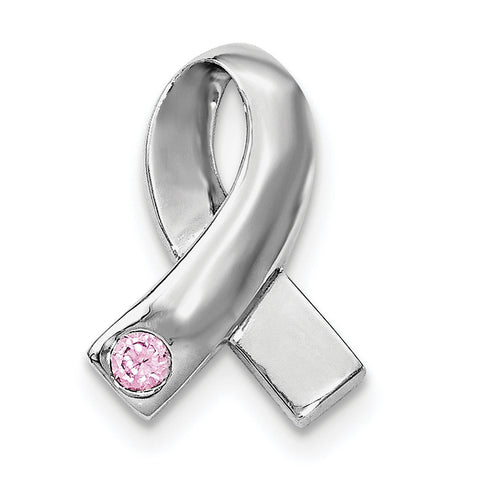 Sterling Silver Rhodium-plated Pink CZ Awareness Ribbon Pendant - shirin-diamonds