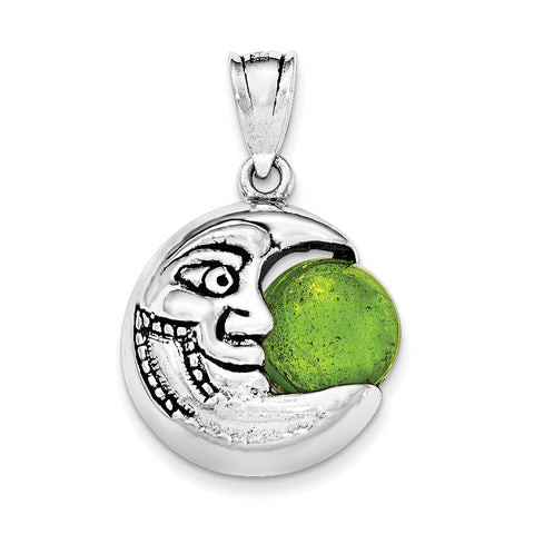 Sterling Silver Antiqued Half Moon with Face & Green Stone Pendant - shirin-diamonds