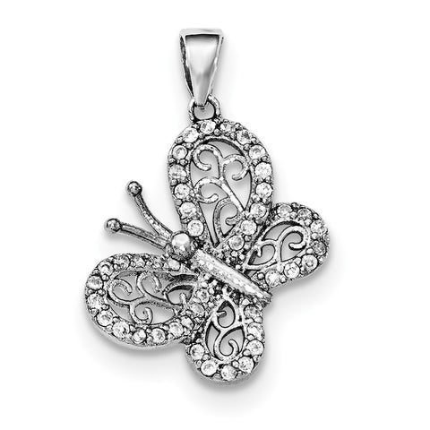 Sterling Silver Rhodium-plated Polished CZ Butterfly Pendant - shirin-diamonds