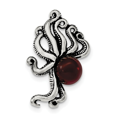 Sterling Silver Antiqued & Textured Octopus w/ Red Stone Chain Slide - shirin-diamonds