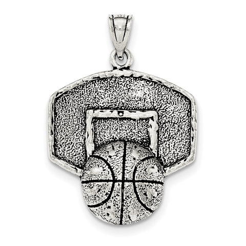Sterling Silver Antiqued & Textured Basketball with Backboard Pendant QC8858 - shirin-diamonds
