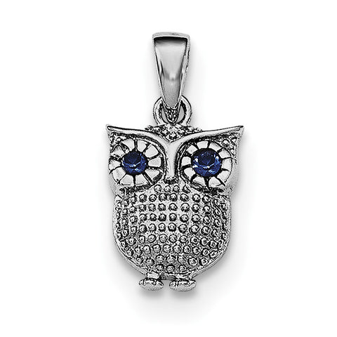 Sterling Silver Rhodium-plated w/Blue Synthetic Sapphire Owl Pendant - shirin-diamonds