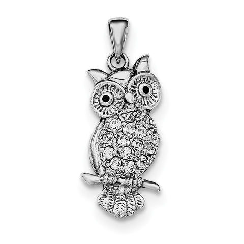 Sterling Silver Rhodium-plated CZ Owl Pendant - shirin-diamonds