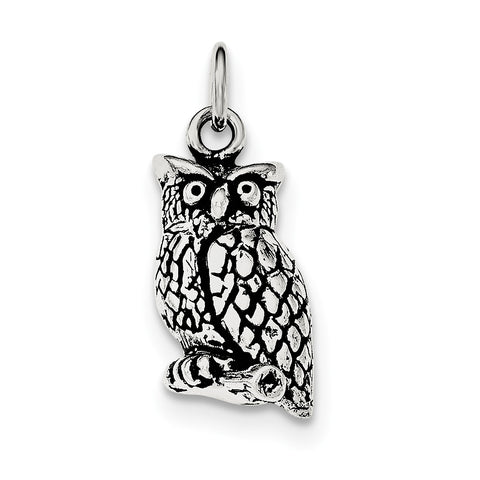 Sterling Silver Antiqued & Textured Perched Owl Pendant - shirin-diamonds