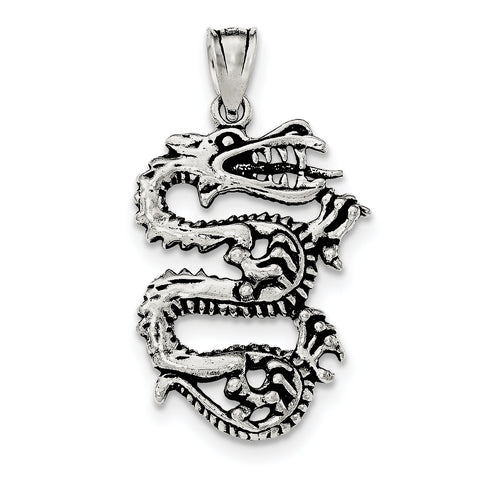 Sterling Silver Antiqued Dragon with Tongue Out Pendant - shirin-diamonds