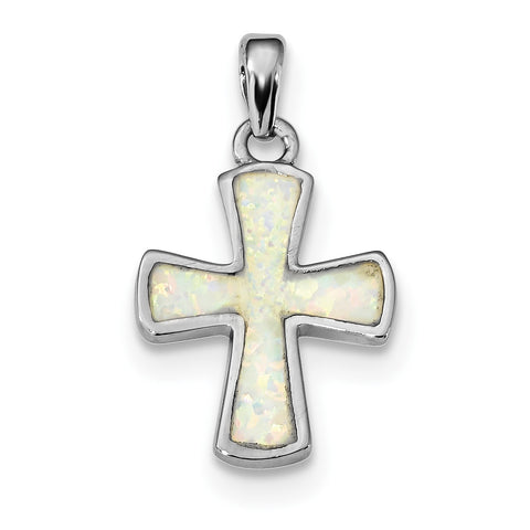 Sterling Silver Rhodium-plated White Created Opal Cross Pendant QC9036 - shirin-diamonds