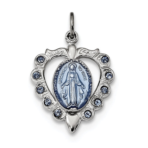 Sterling Silver Epoxy & Crystal Miraculous Medal Heart Pendant QC9115 - shirin-diamonds