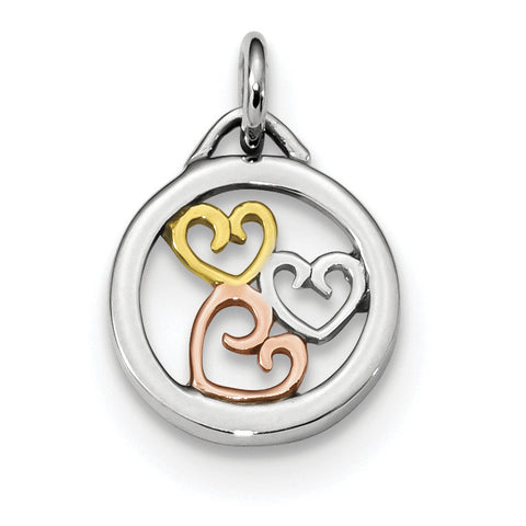 Sterling Silver Rhodium, Rose & Gold-tone Polished Hearts Pendant QC9188 - shirin-diamonds