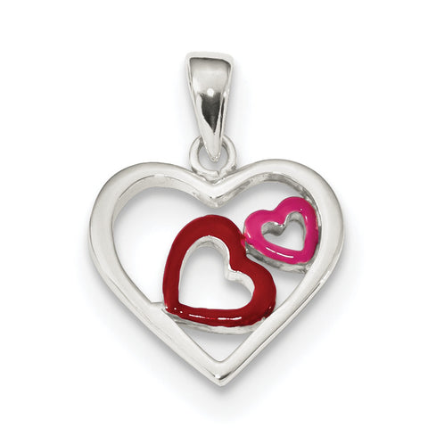 Sterling Silver Polished and Enameled Hearts Pendant QC9192 - shirin-diamonds