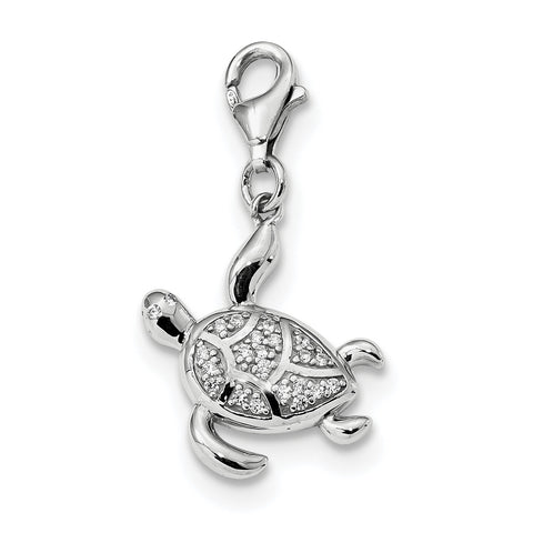 Sterling Silver Rhodium-plated CZ Sea Turtle with Lobster Clasp Charm QC9281 - shirin-diamonds