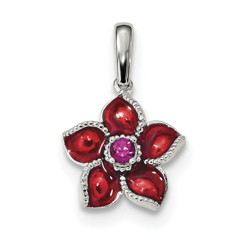 Sterling Silver Created Ruby and Enamel Flower Pendant QC9315 - shirin-diamonds