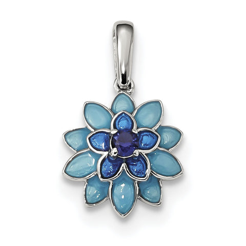 Sterling Silver Created Sapphire and Enamel Flower Pendant QC9318 - shirin-diamonds