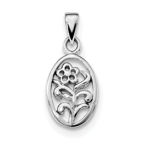 Sterling Silver Rhodium-plated Polished Flower in Oval Pendant QC9327 - shirin-diamonds