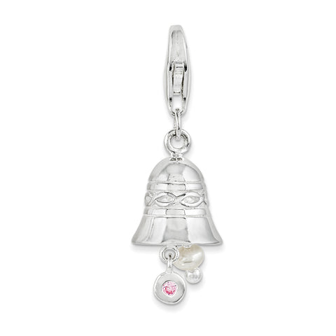 Sterling Silver Wedding Bell with CZ And FW Cultured Pearl w/Lobster QCC1003 - shirin-diamonds
