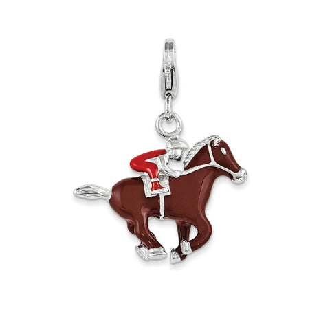Sterling Silver Enamel Horse and Jockey w/ Lobster Clasp Charm QCC1005 - shirin-diamonds