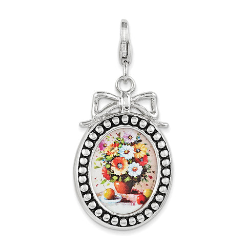 Sterling Silver Framed Bouquet Of Flowers w/ Lobster Clasp Charm QCC1019 - shirin-diamonds